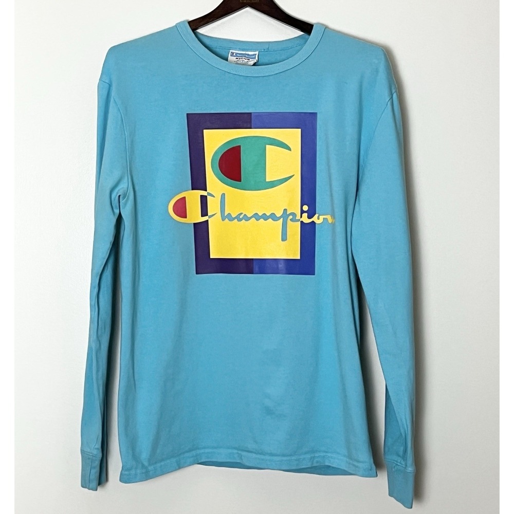 Champion Graphic T-Shirt Men's‎ Medium Blue Colorblock 90s Streetwear - Picture 1 of 4
